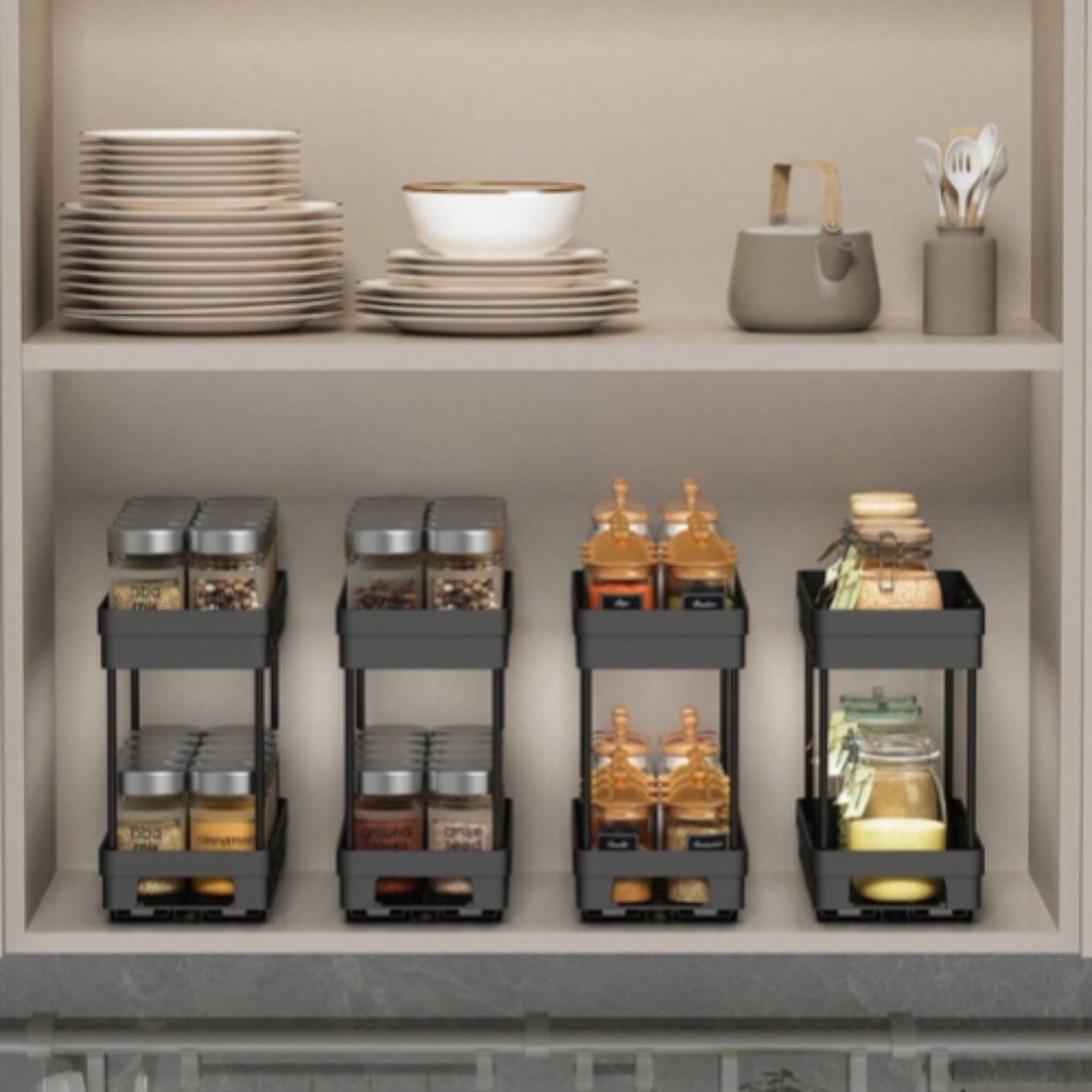 Multifunctional Pull-out Double-layer Plastic Storage Rack Kitchen Cabinet Spice - Picture 2 of 11